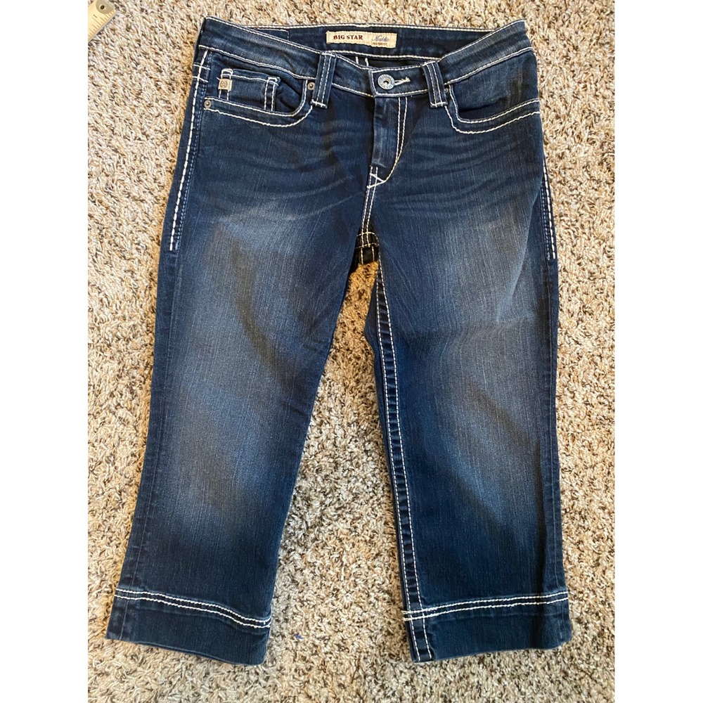 Big Star Maddie Mid Rise Crop Jeans 26 Dark Wash Contrast Stitch Denim Capris